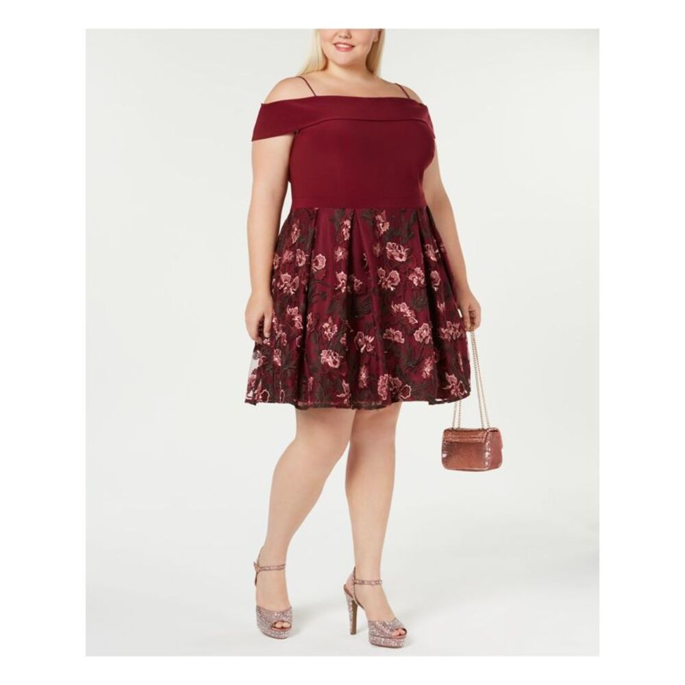 MORGAN & CO Womens Maroon Spaghetti Strap Above The Knee Circle Dress Plus 24W